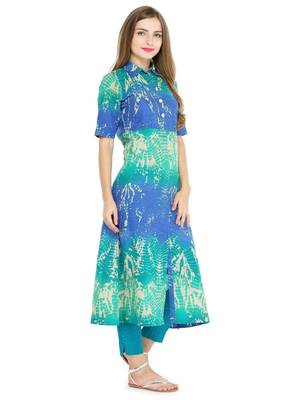 Indibelle Blue cotton abstarct print a line style kurti with trouser. 3