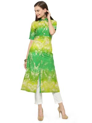 Indibelle Green cotton abstarct print a line style kurti with trouser. 1