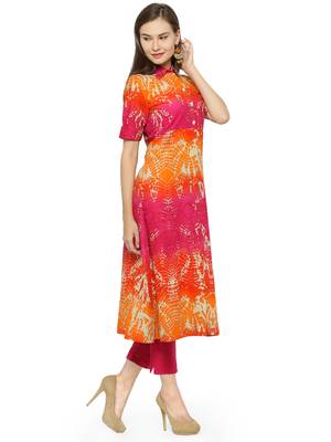 Indibelle Pink cotton abstarct print a line style kurti with trouser. 3