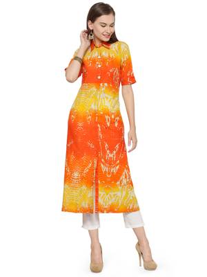 Indibelle Yellow cotton abstarct print a line style kurti with trouser. 1
