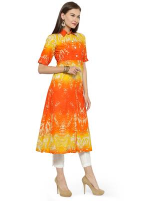 Indibelle Yellow cotton abstarct print a line style kurti with trouser. 3