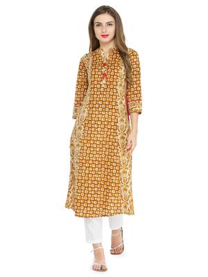 Indibelle Yellow cotton geometric print a line style kurti with trouser. 1
