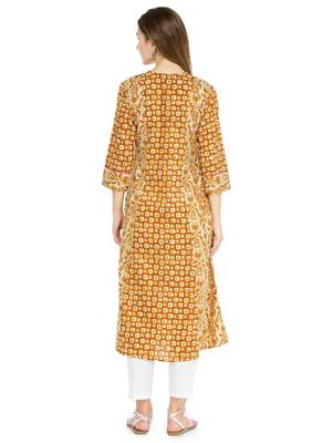 Indibelle Yellow cotton geometric print a line style kurti with trouser. 2