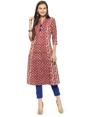 Indibelle Wine cotton geometric print a line style kurti with trouser. 1