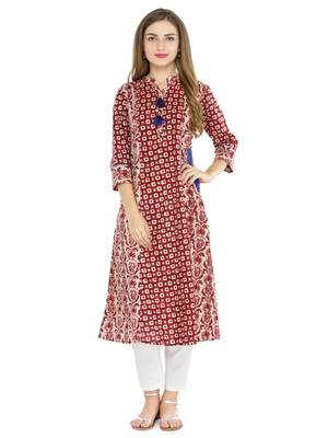 Indibelle Wine cotton geometric print a line style kurti with trouser. 1