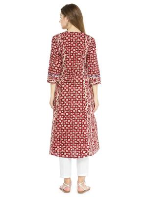 Indibelle Wine cotton geometric print a line style kurti with trouser. 2