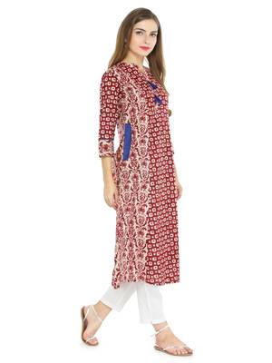 Indibelle Wine cotton geometric print a line style kurti with trouser. 3