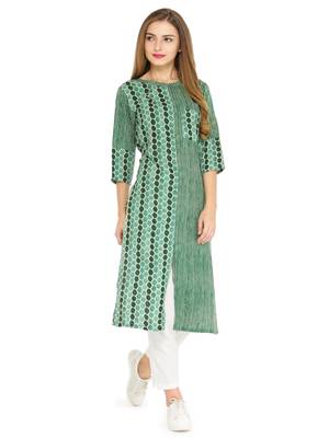 Yellow rayon striped print a line style kurti with trouser. 1