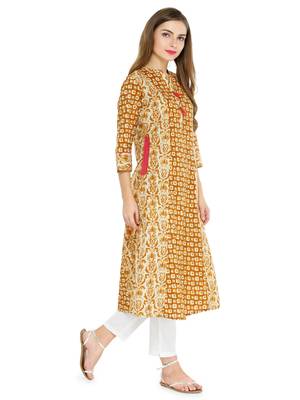 Yellow rayon striped print a line style kurti with trouser. 3