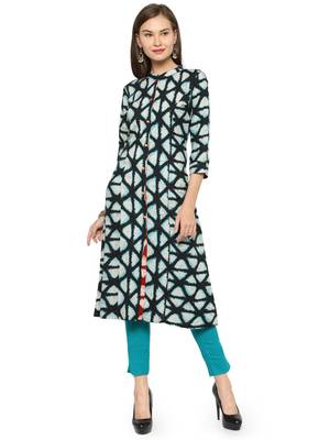 Indibelle Blue rayon geometric print a line style kurti with trouser. 1