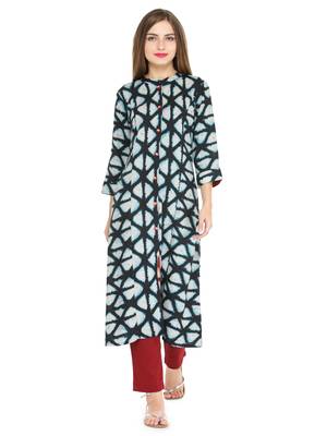 Indibelle Blue rayon geometric print a line style kurti with trouser. 1
