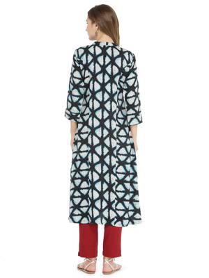 Indibelle Blue rayon geometric print a line style kurti with trouser. 2