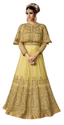 Yellow embroidered net Cape style Anarkali Suit 1