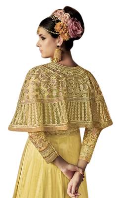 Yellow embroidered net Cape style Anarkali Suit 2