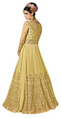 Yellow embroidered net Cape style Anarkali Suit 3