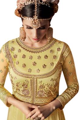 Yellow embroidered net Cape style Anarkali Suit 4