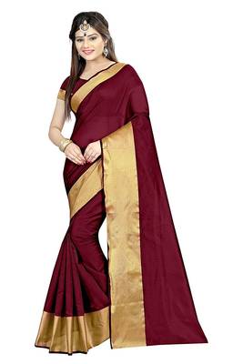 Maroon plain cotton silk saree with blouse 1