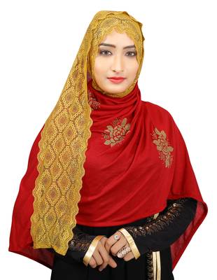 Maroon Colour Khati Work Lace Work &  Diamond Stone Work Indian Hoisery Cotton Hijab (Headscraf) 1