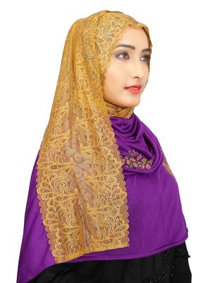 Purple Colour Khati Work Lace Work &  Diamond Stone Work Indian Hoisery Cotton Hijab (Headscraf) 1