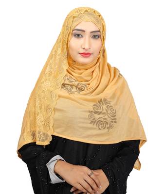 Beige Colour Khati Work Lace Work &  Diamond Stone Work Indian Hoisery Cotton Hijab (Headscraf) 1