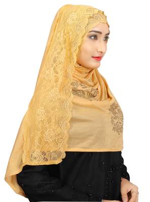 Beige Colour Khati Work Lace Work &  Diamond Stone Work Indian Hoisery Cotton Hijab (Headscraf) 2