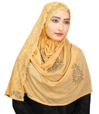 Beige Colour Khati Work Lace Work &  Diamond Stone Work Indian Hoisery Cotton Hijab (Headscraf) 3