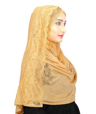 Beige Colour Khati Work Lace Work &  Diamond Stone Work Indian Hoisery Cotton Hijab (Headscraf) 4