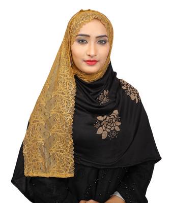Black Colour Khati Work Lace Work &  Diamond Stone Work Indian Hoisery Cotton Hijab (Headscraf) 1