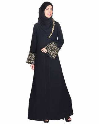 Modest Forever  Black stitched Abaya With Gold Zari Embroidered Bell Sleeve 1