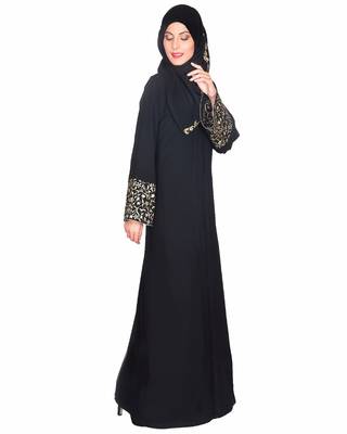 Modest Forever  Black stitched Abaya With Gold Zari Embroidered Bell Sleeve 2