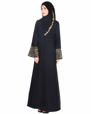 Modest Forever  Black stitched Abaya With Gold Zari Embroidered Bell Sleeve 3