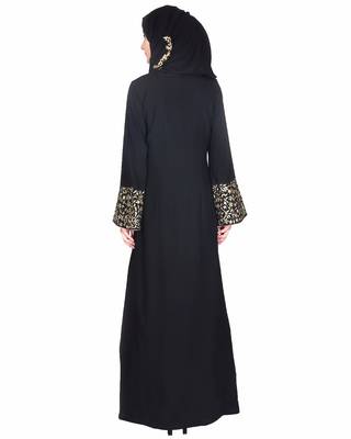 Modest Forever  Black stitched Abaya With Gold Zari Embroidered Bell Sleeve 4