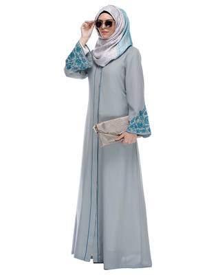 Sage Green stitched Abaya With Thread Embroidery 2