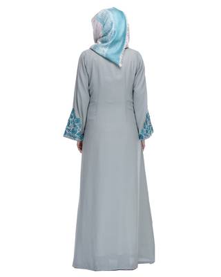 Sage Green stitched Abaya With Thread Embroidery 4