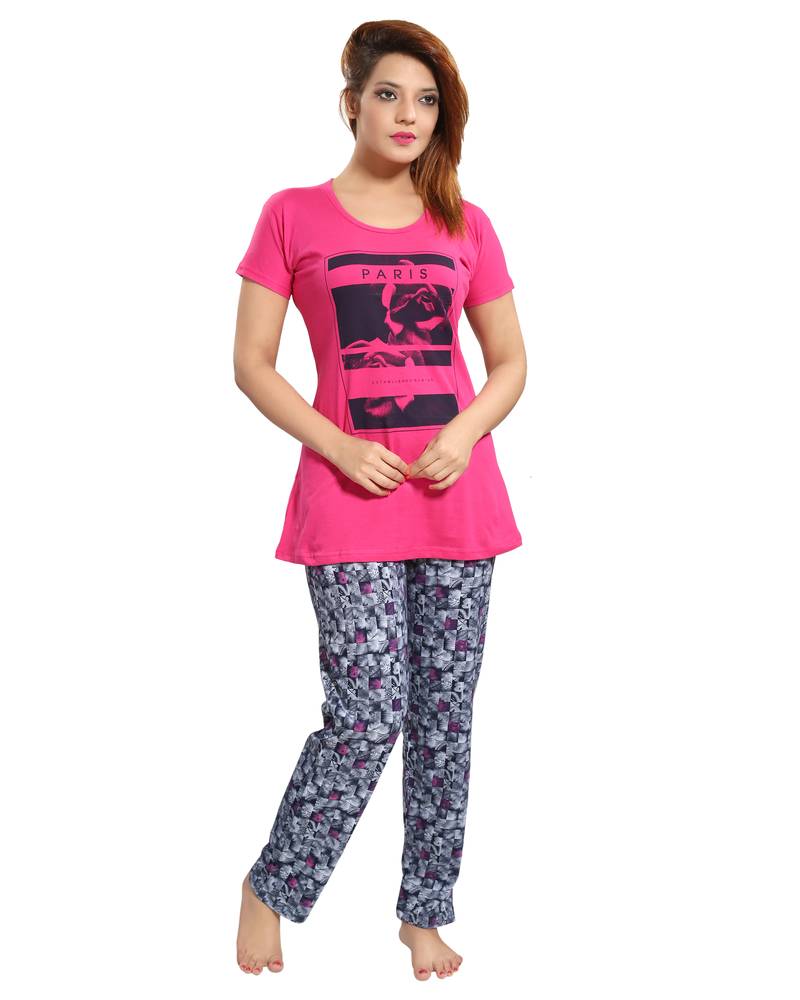 Pink Cotton Night Dress. Set Of Pyjama And Tshirt. - muhenera s - 2426731