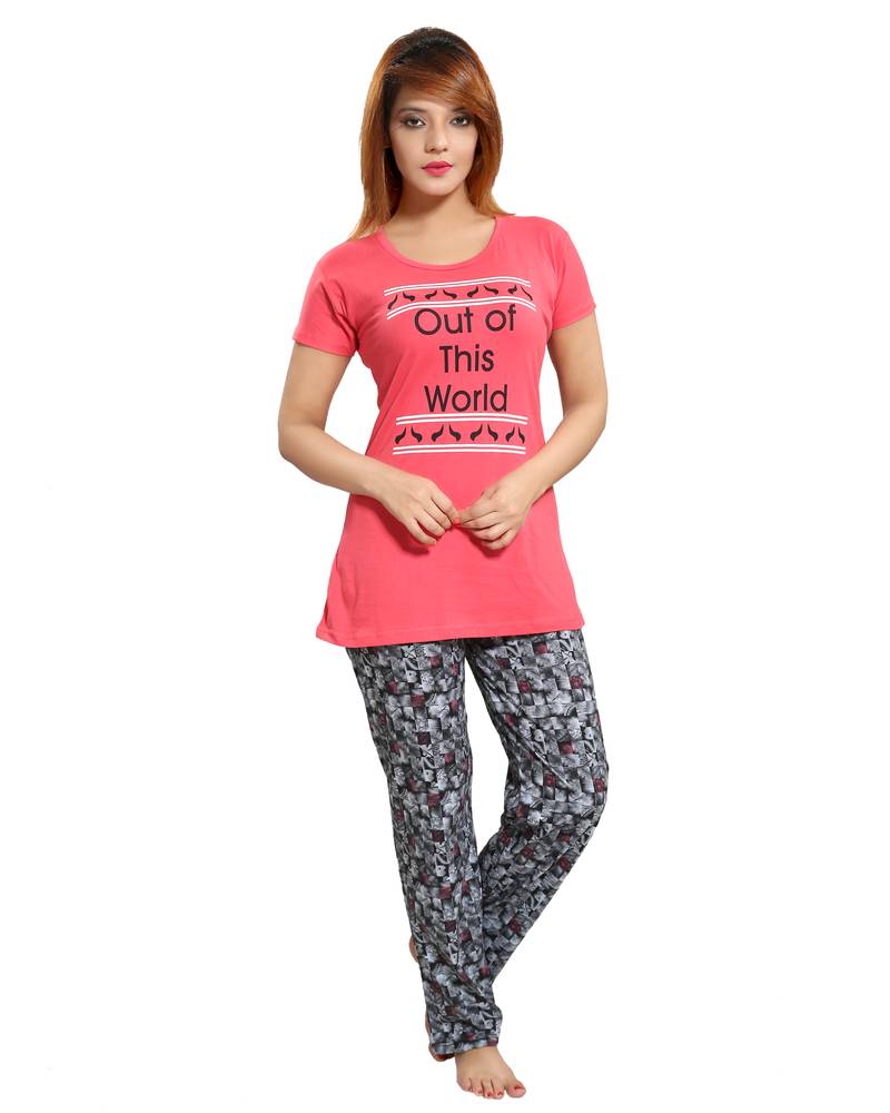 knee length dresses for ladies Women Blue Printed Long T-shirt Night Wear Dress – Stilento main image 1