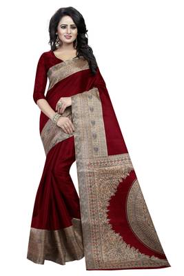 Maroon printed art silk saree with blouse 1