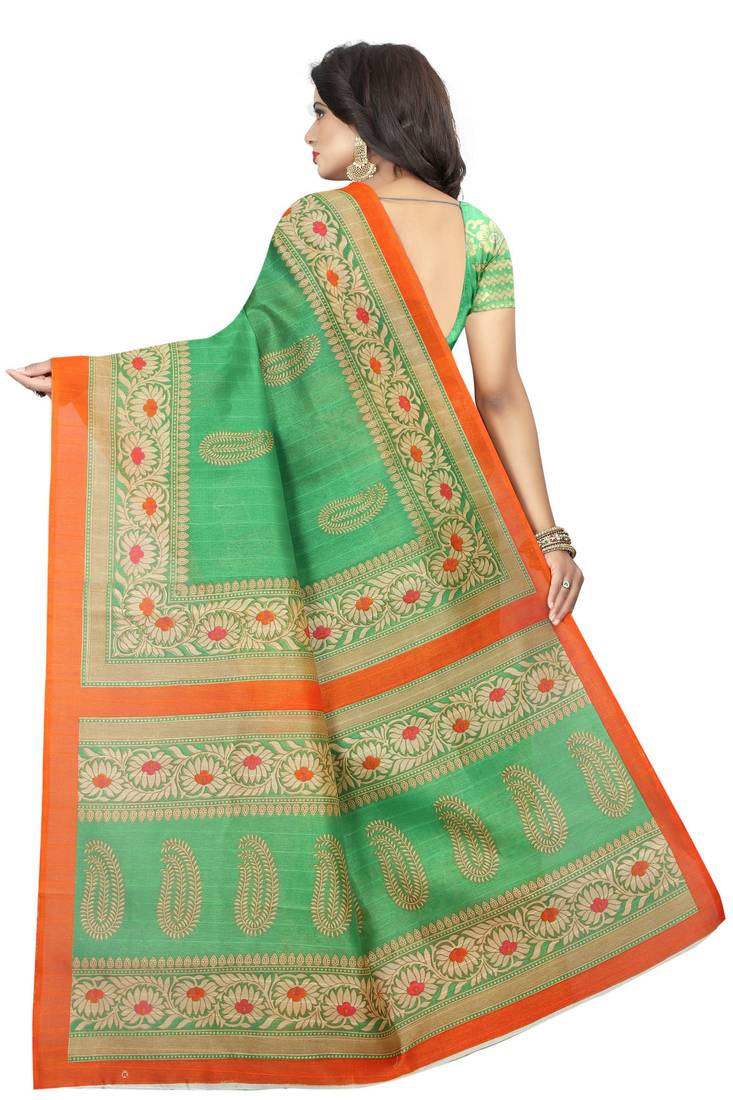 Green Printed Bhagalpuri Cotton Silk Saree with blouse 