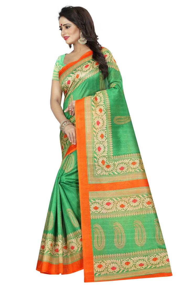 Green Printed Bhagalpuri Cotton Silk Saree with blouse 