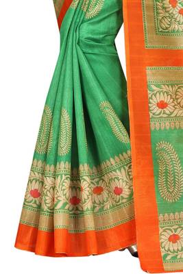 Green Printed Bhagalpuri Cotton Silk Saree with blouse  4