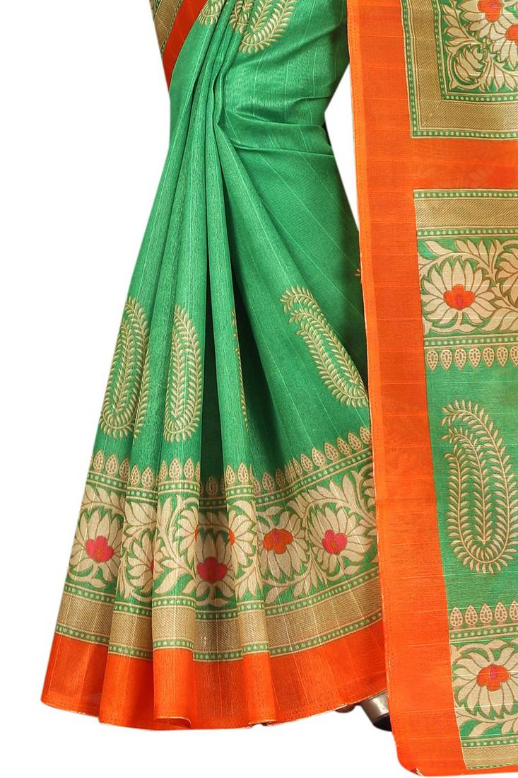 Green Printed Bhagalpuri Cotton Silk Saree with blouse 