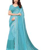 Turquoise woven cotton saree with blouse