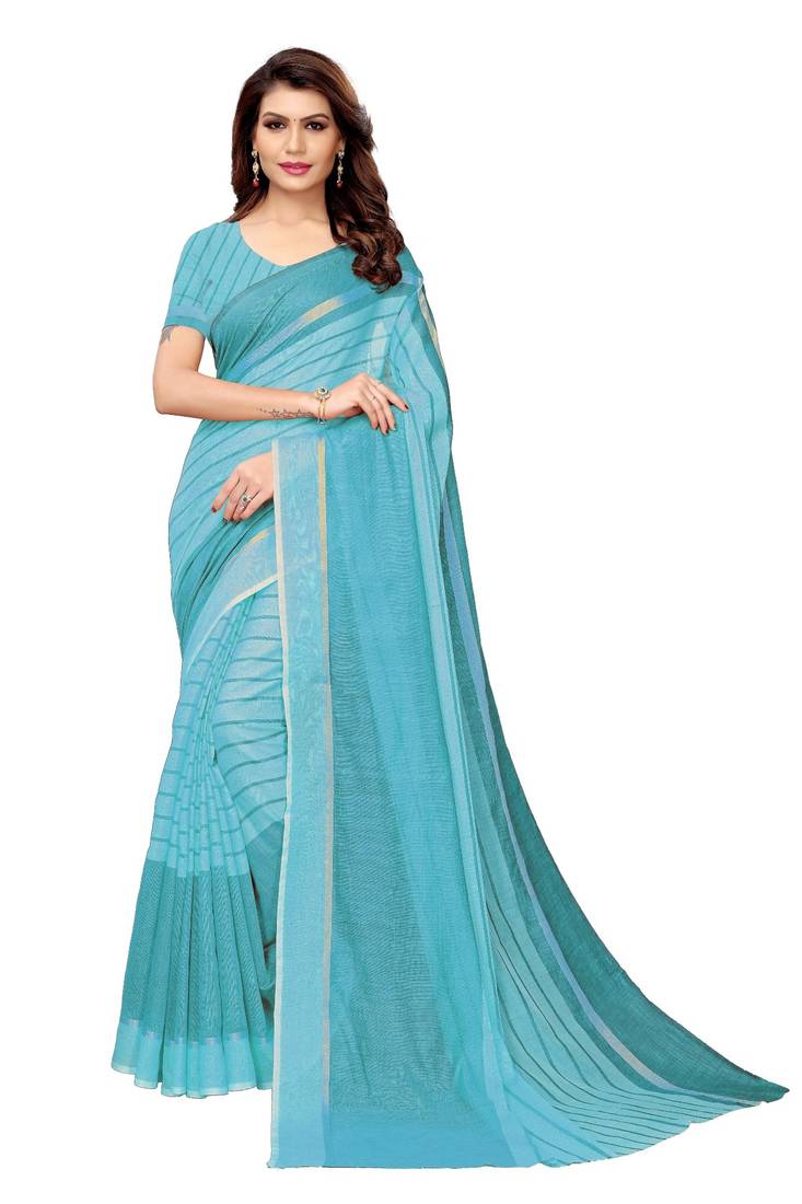 Turquoise woven cotton saree with blouse