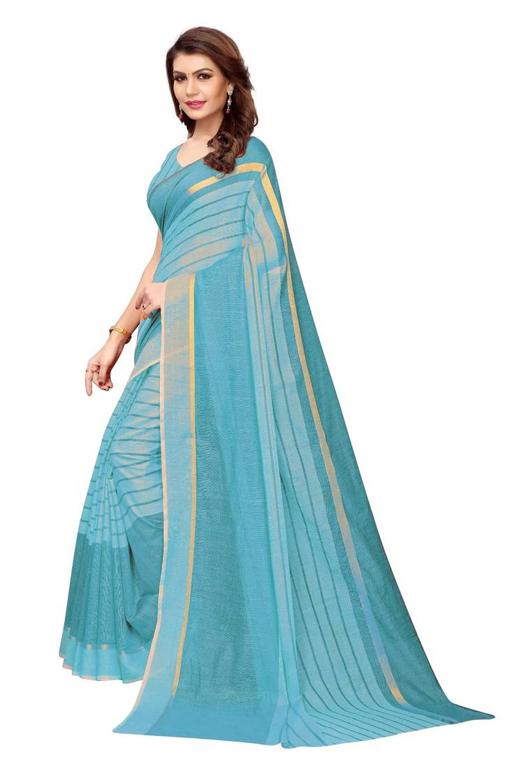 Turquoise woven cotton saree with blouse