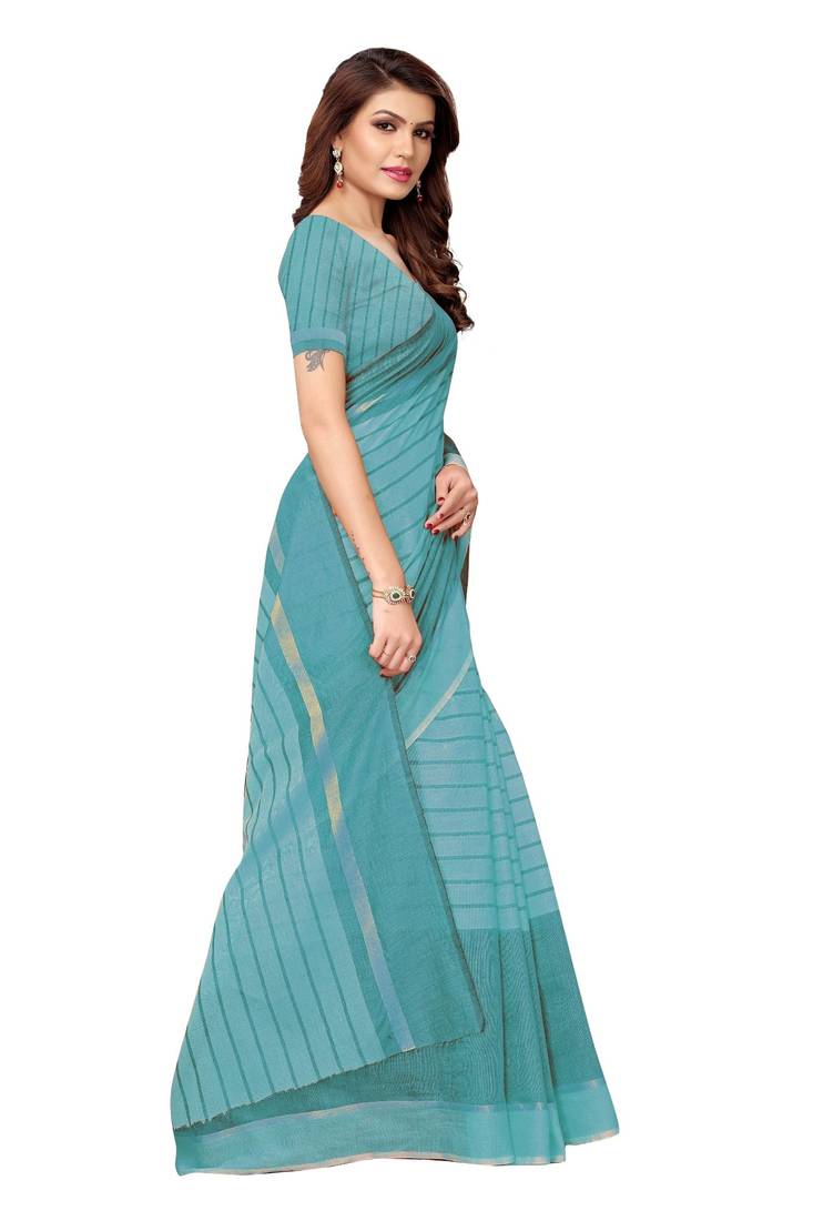 Turquoise woven cotton saree with blouse