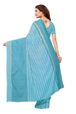 Turquoise woven cotton saree with blouse 4