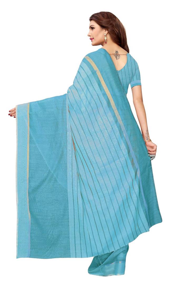 Turquoise woven cotton saree with blouse