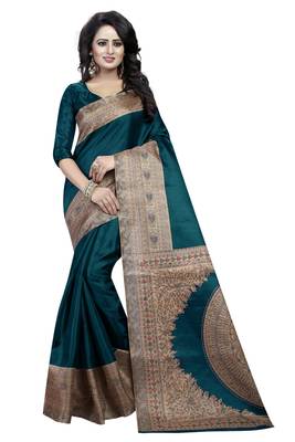 Turquoise printed art silk saree with blouse 1