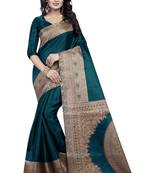 Turquoise printed art silk saree with blouse
