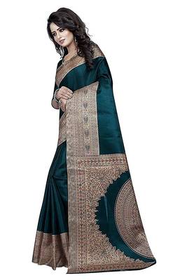 Turquoise printed art silk saree with blouse 2